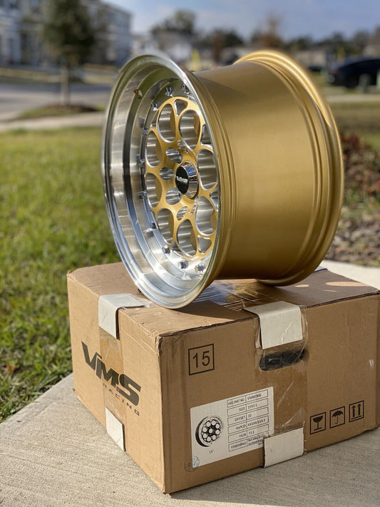 VMS Revolver Gold Polished Lip Drag Rim Wheel 15x8 4X100 and 4x114.3 SET OF FOUR