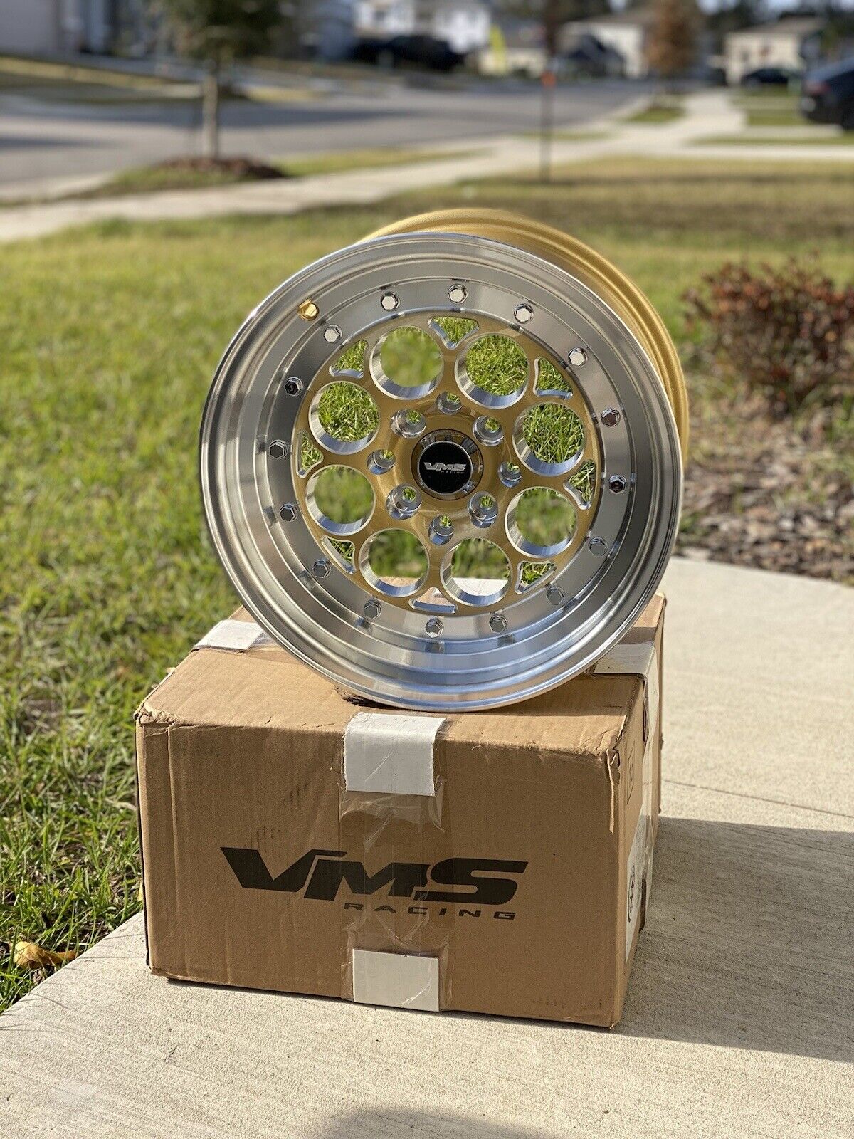 VMS Revolver Gold Polished Lip Drag Rim Wheel 15x8 4X100 and 4x114.3 SET OF FOUR