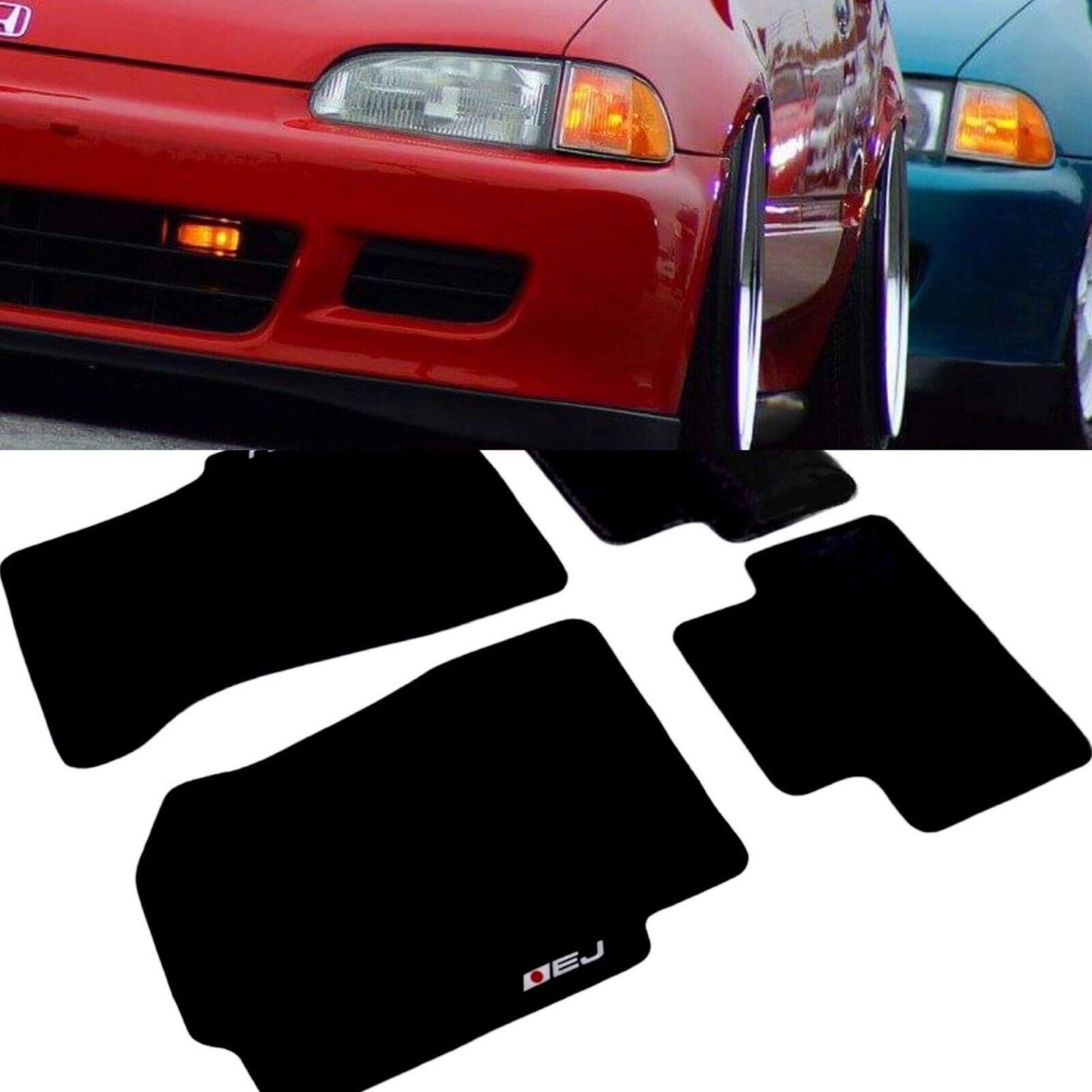 Black Floor Mats with EJ Logo For Honda Civic 1992 through 2000 Set Of Four