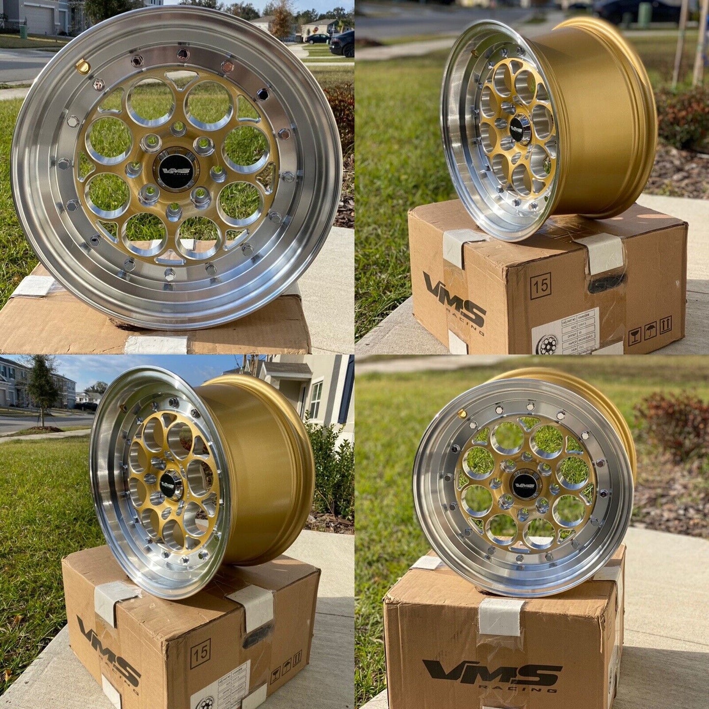 VMS Revolver Gold Polished Lip Drag Rim Wheel 15x8 4X100 and 4x114.3 SET OF FOUR