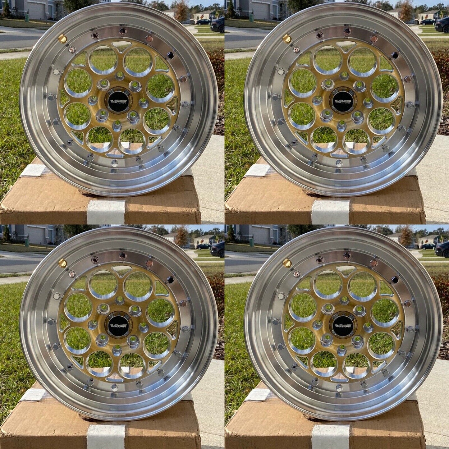 VMS Revolver Gold Polished Lip Drag Rim Wheel 15x8 4X100 and 4x114.3 SET OF FOUR