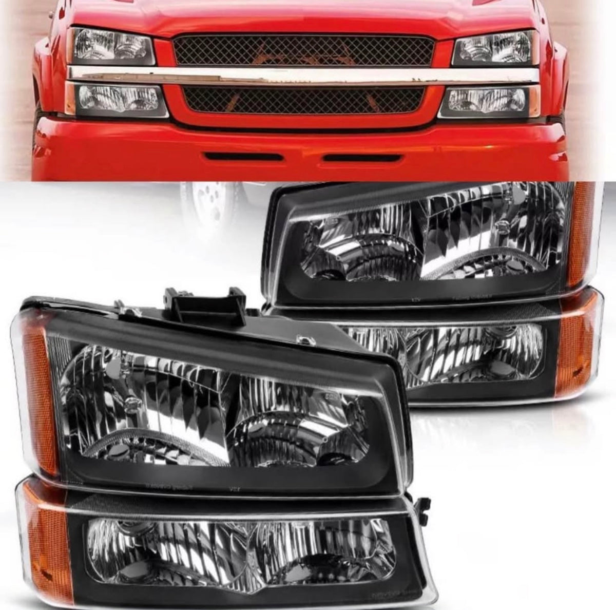 New 4 Piece Headlights for Chevy Silverado 2003, 2004, 2005 and 2006. Black & Amber
