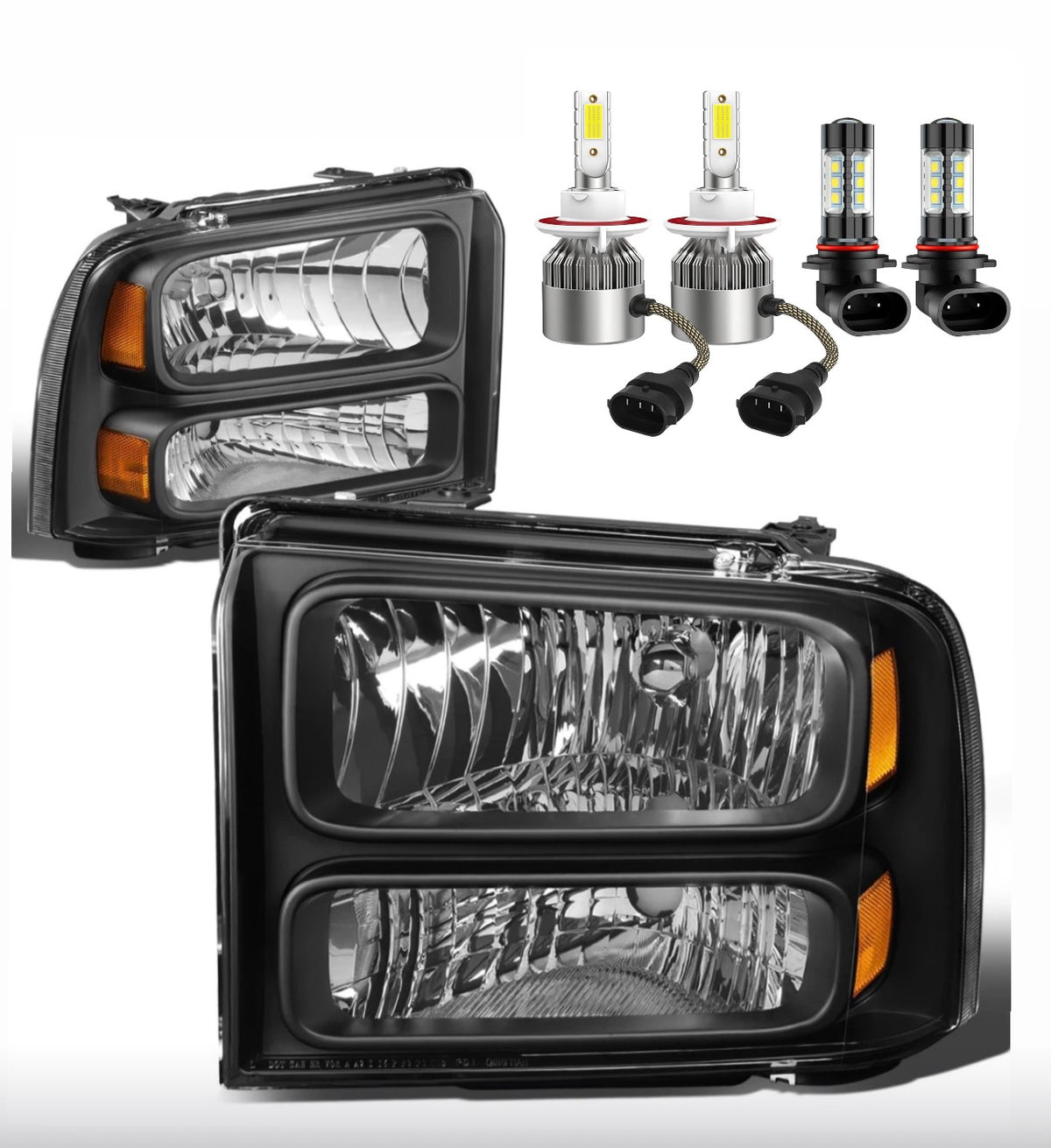 New Black Headlights + H13 LED Bulbs for Headlamps + 9145/H10 LED Bulbs for Fog Lights for Ford F250 F350 F450 F550 fits 2005 to 2007