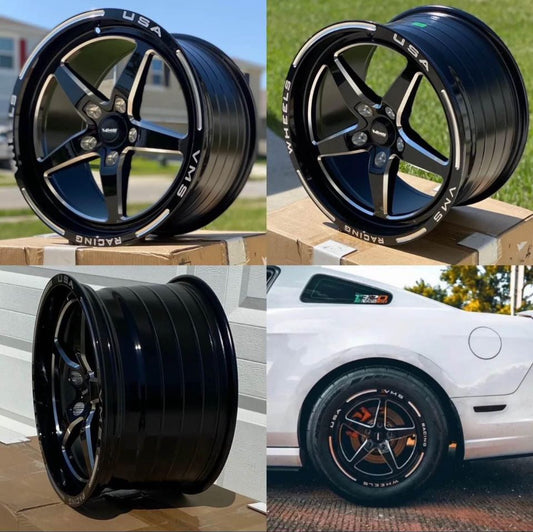 Set of TWO VMS Black Star 5 Spoke 17x10 (54ET) 5x114.3 Drag Racing Wheels For 05 20 Mustang