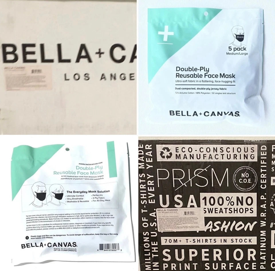 480 Reusable Masks Bella + Canvas 2-Ply Cloth Face Masks, M/L, 96 Packs Of 5 Bulk Buy