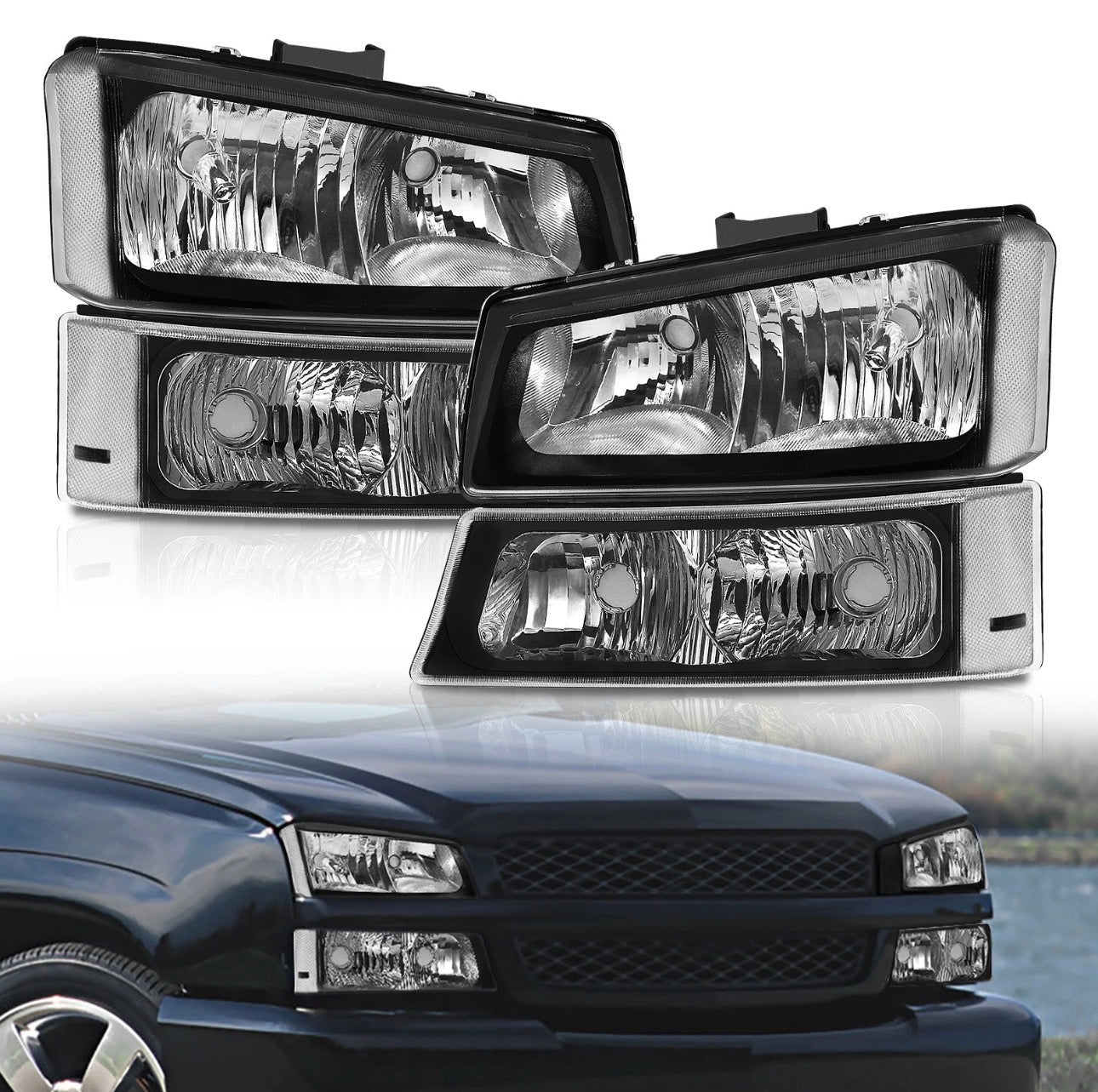 New 4 Piece Headlights for Chevy Silverado 2003, 2004, 2005 and 2006.