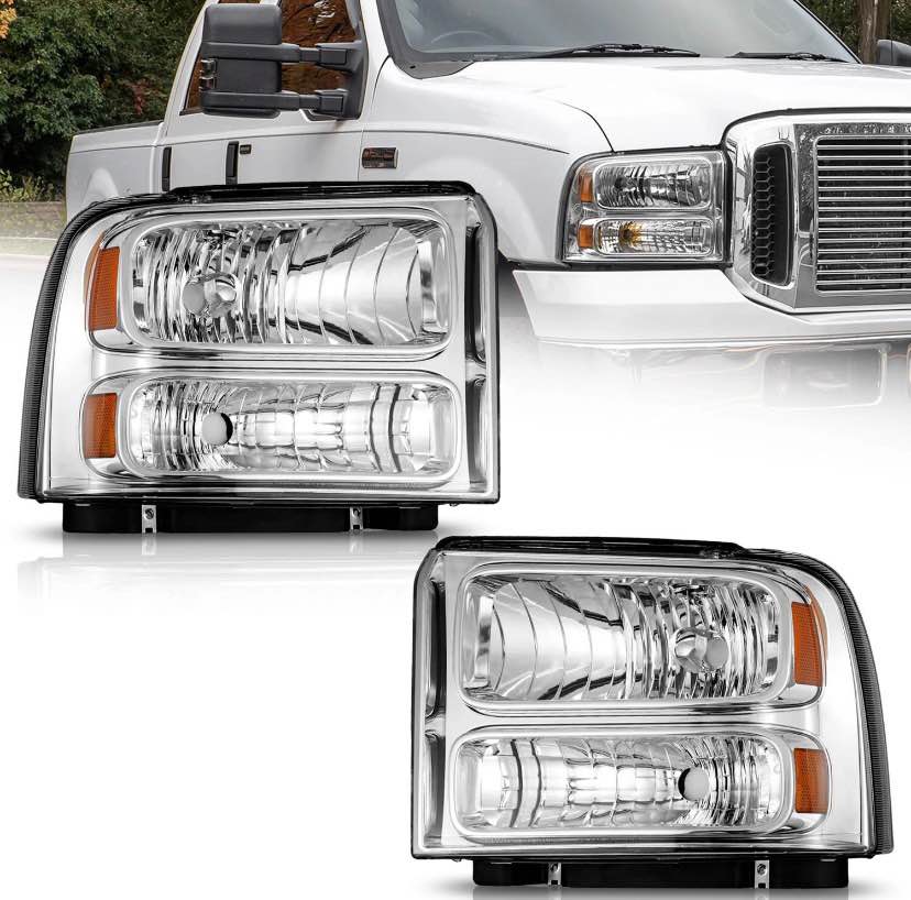 For 2005, 2006, 2007 Ford F250 F350 F450 F550 Super Duty Stock Chrome Headlights NEW IN BOX fits Both 6.0 and 7.3