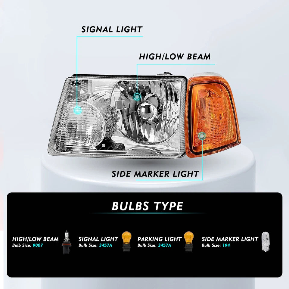 New Headlamps For 2001 to 2011 Ford Ranger Chrome Housing Headlights Amber Corner Signal Lamps