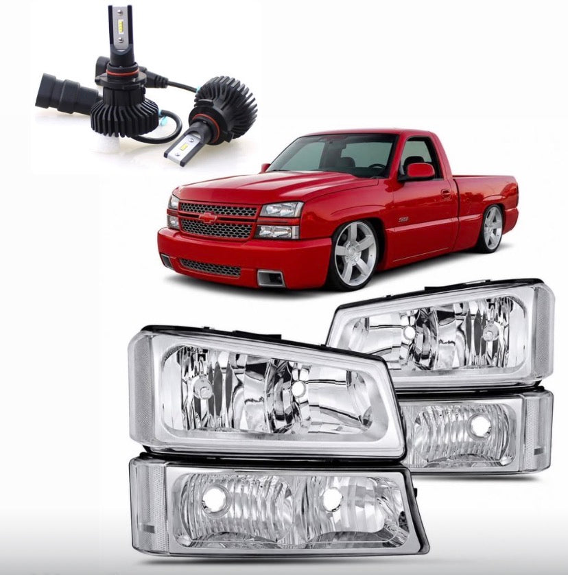 New 2003 to 2006 Chevy Silverado Clear Headlights and LED Bulbs for the Low Beams
