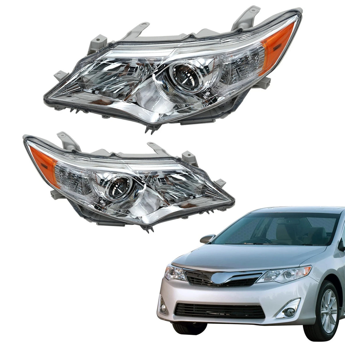 NEW Headlights For 2012 through 2014 Toyota Camry Right + Left Halogen Type Chrome Projector