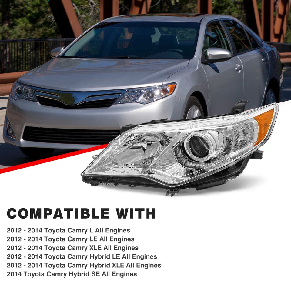 NEW Headlights For 2012 through 2014 Toyota Camry Right + Left Halogen Type Chrome Projector