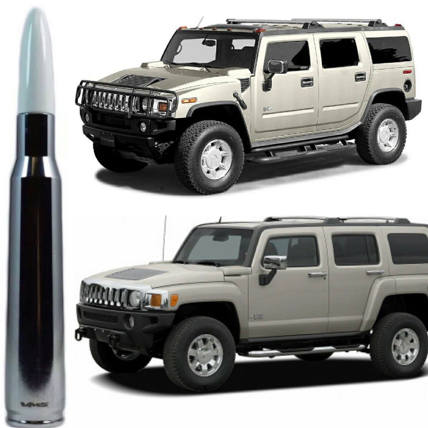 Chrome with White Tip Bullet Antenna for Hummer H2 and H3 Billet Aluminum