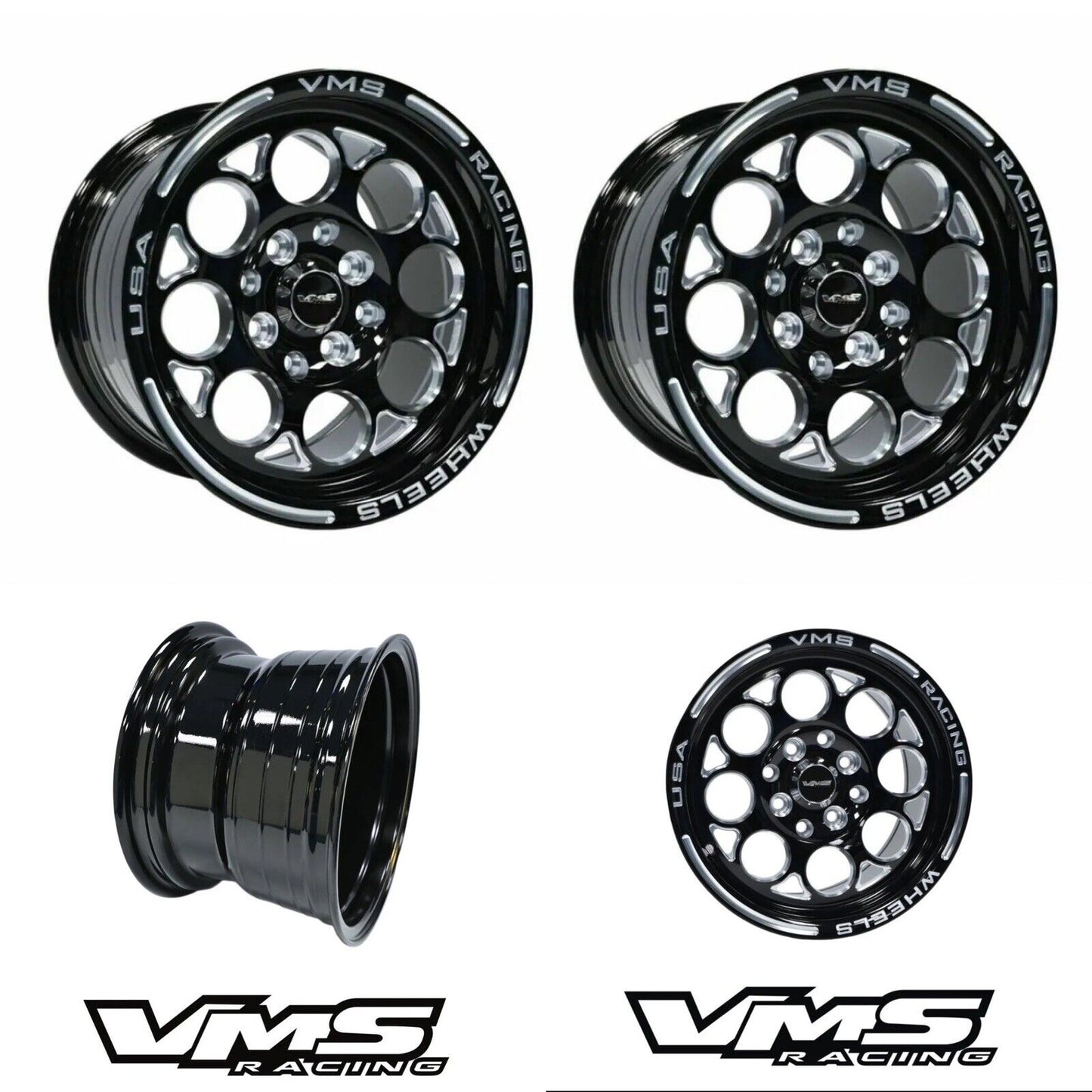 SET OF 2 VMS RACING MODULO 15X8 WHEELS 5X100 5x114.3 ET20 PAIR BACKSPACE 5.3”