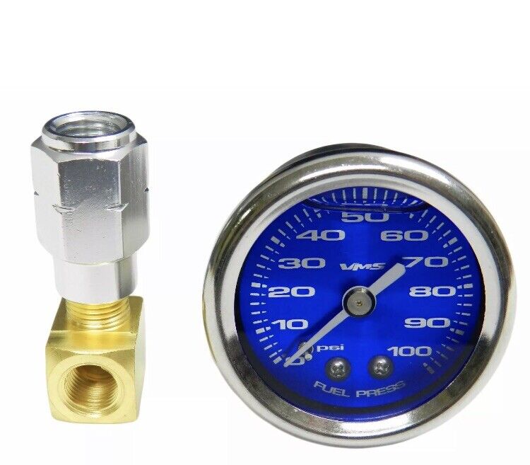 BLUE 1 1/2" 100PSI FUEL PRESSURE GAUGE WITH ADAPTER LS1 LS2 LS6 LT1 L98