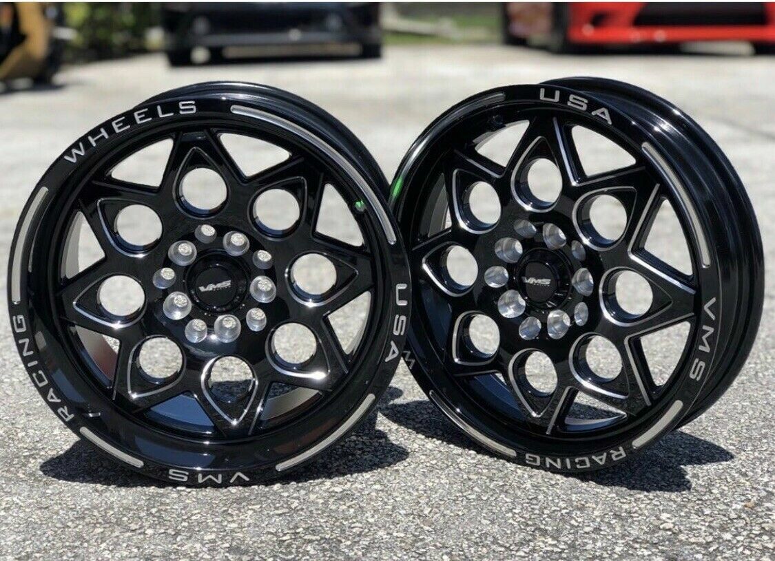 2 15X3.5" VMS RACING BLACK DRAG RACING WHEELS SKINNIES 4X100/4X114 ET10