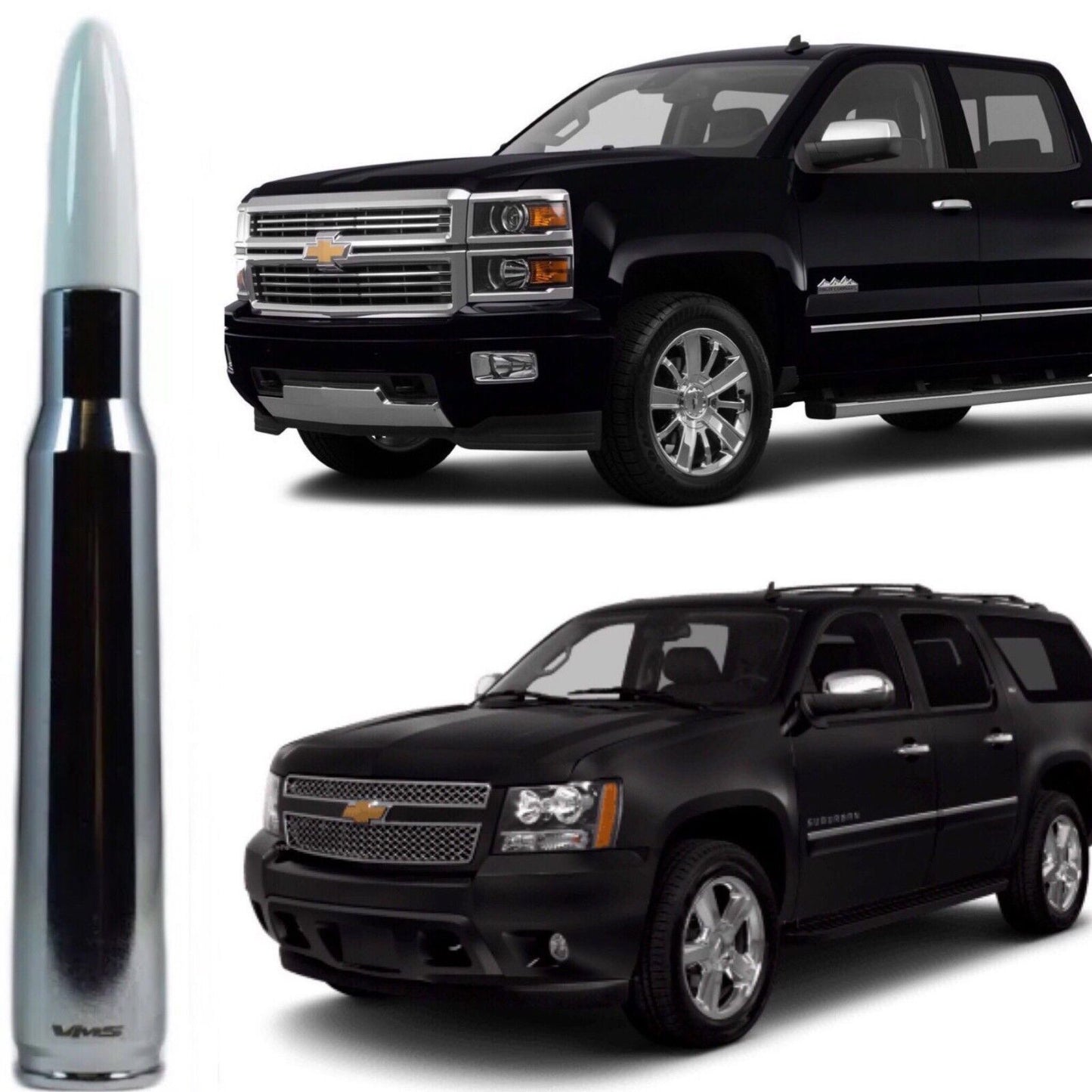 Chrome w/ White Tip Bullet Antenna for Chevy Silverado Tahoe Avalanche Suburban