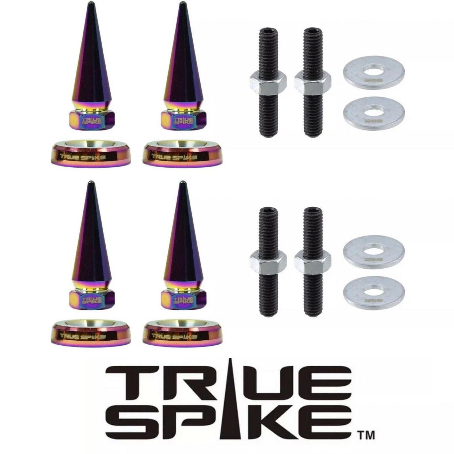 4 TRUE SPIKE SPIKED LICENSE PLATE FRAME BEAUTY WASHERS BOLTS HARDWARE KIT