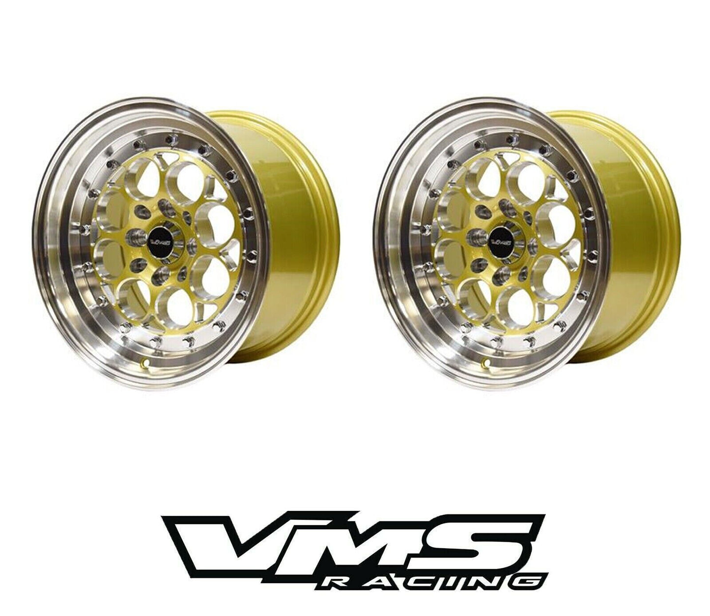 15X8 VMS RACING REVOLVER GOLD POLISHED WHEELS 4X100 and 4X114 SET OF TWO