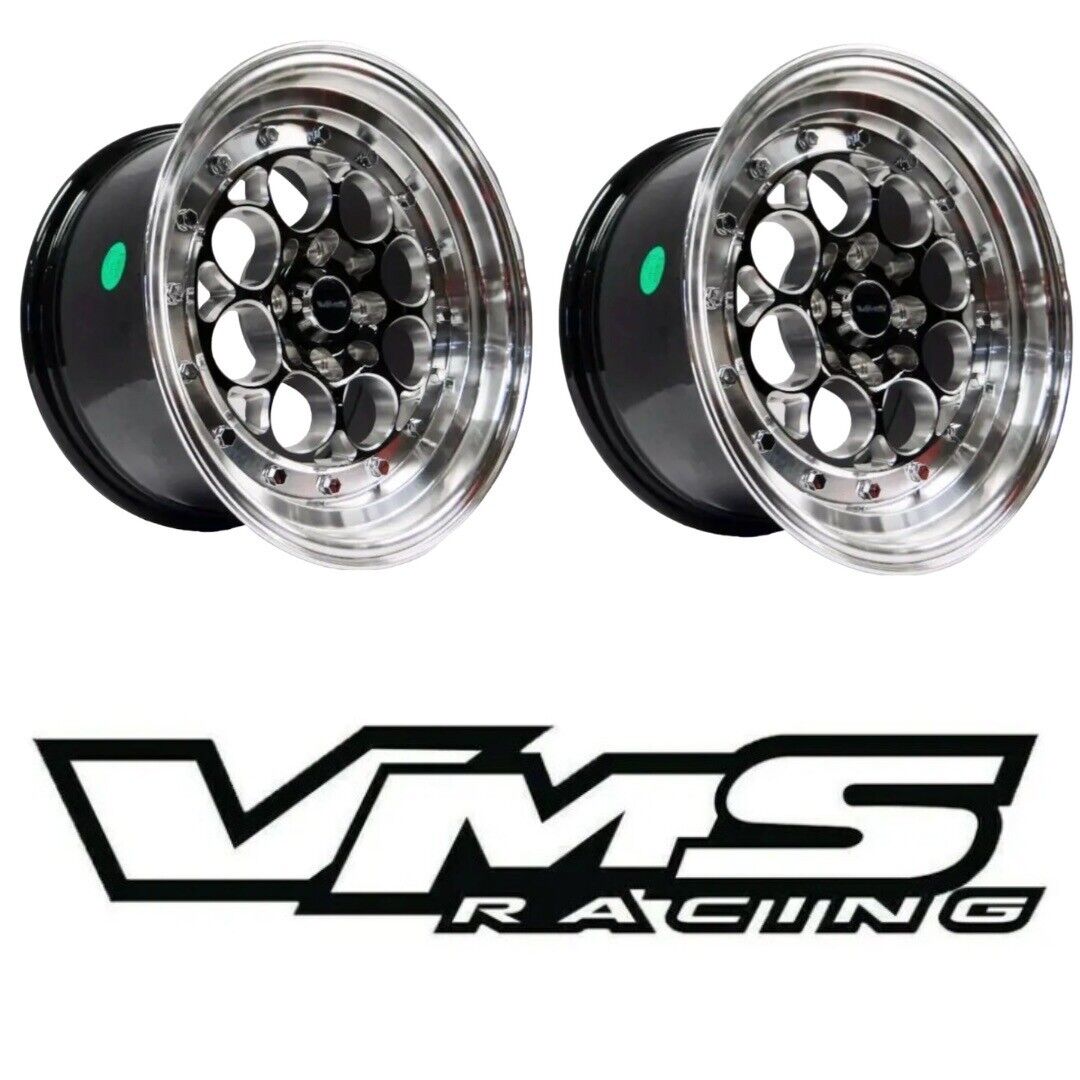 Two VMS Revolver Black with Polished Lip Rim Wheel 15x8 4X100 4x114.3 VWRE001