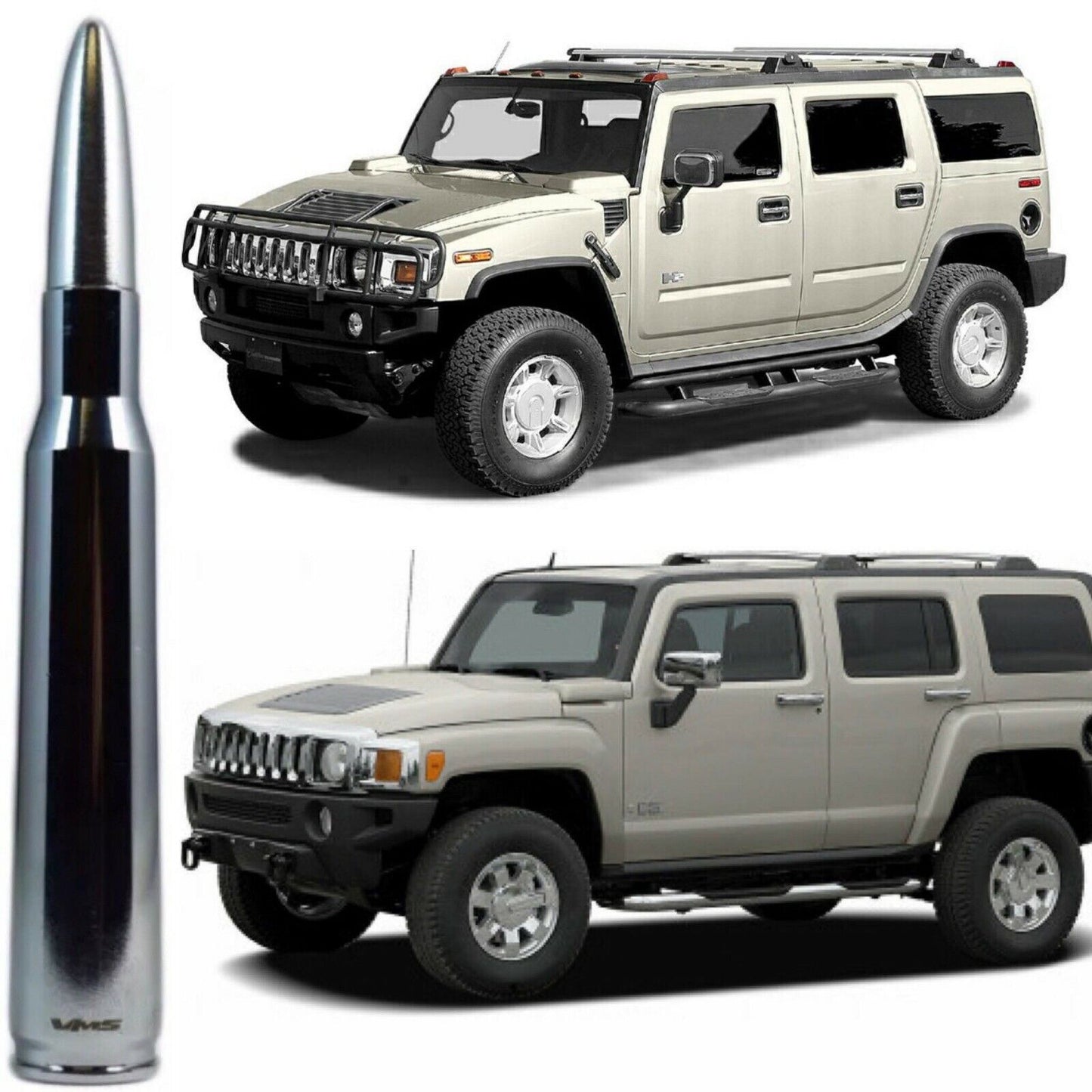 Chrome with Silver Tip Bullet Antenna for Hummer H2 and H3 Billet Aluminum