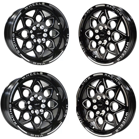 VMS Black Drag Racing Wheels Rocket Front & Rear Set 15x8 & 15x3.5 4X100 4X114