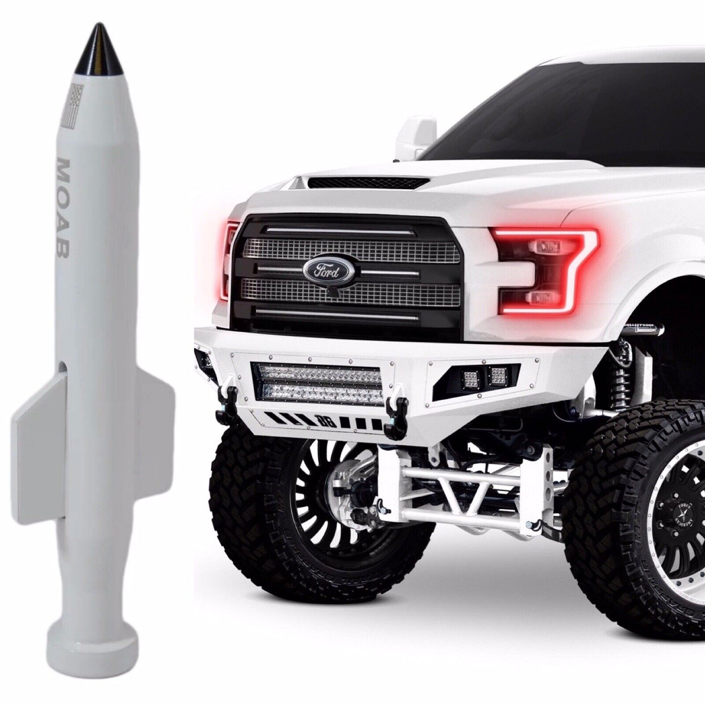 White MOAB Mother of All Bombs Short Bullet Antenna For Ford F150 F250 F350