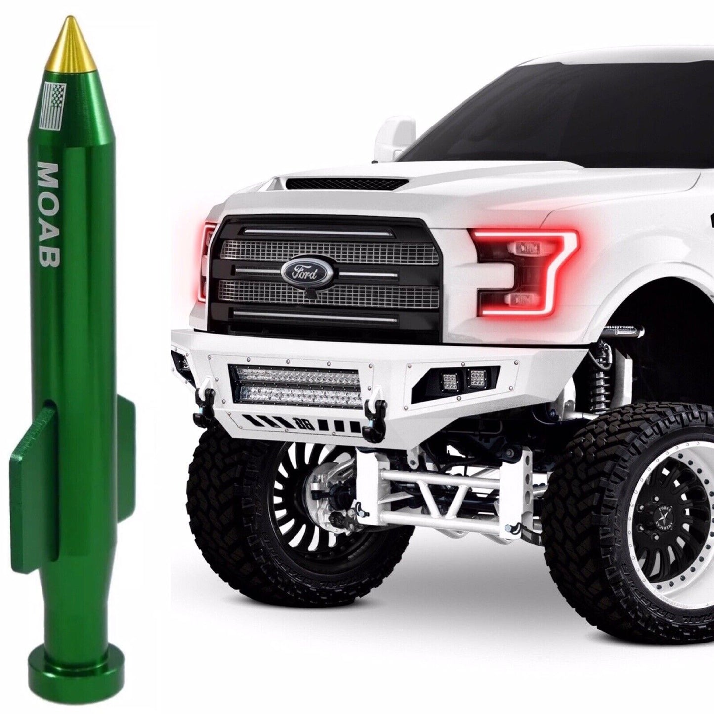 Green MOAB Mother of All Bombs Short Bullet Antenna For Ford F150 F250 F350