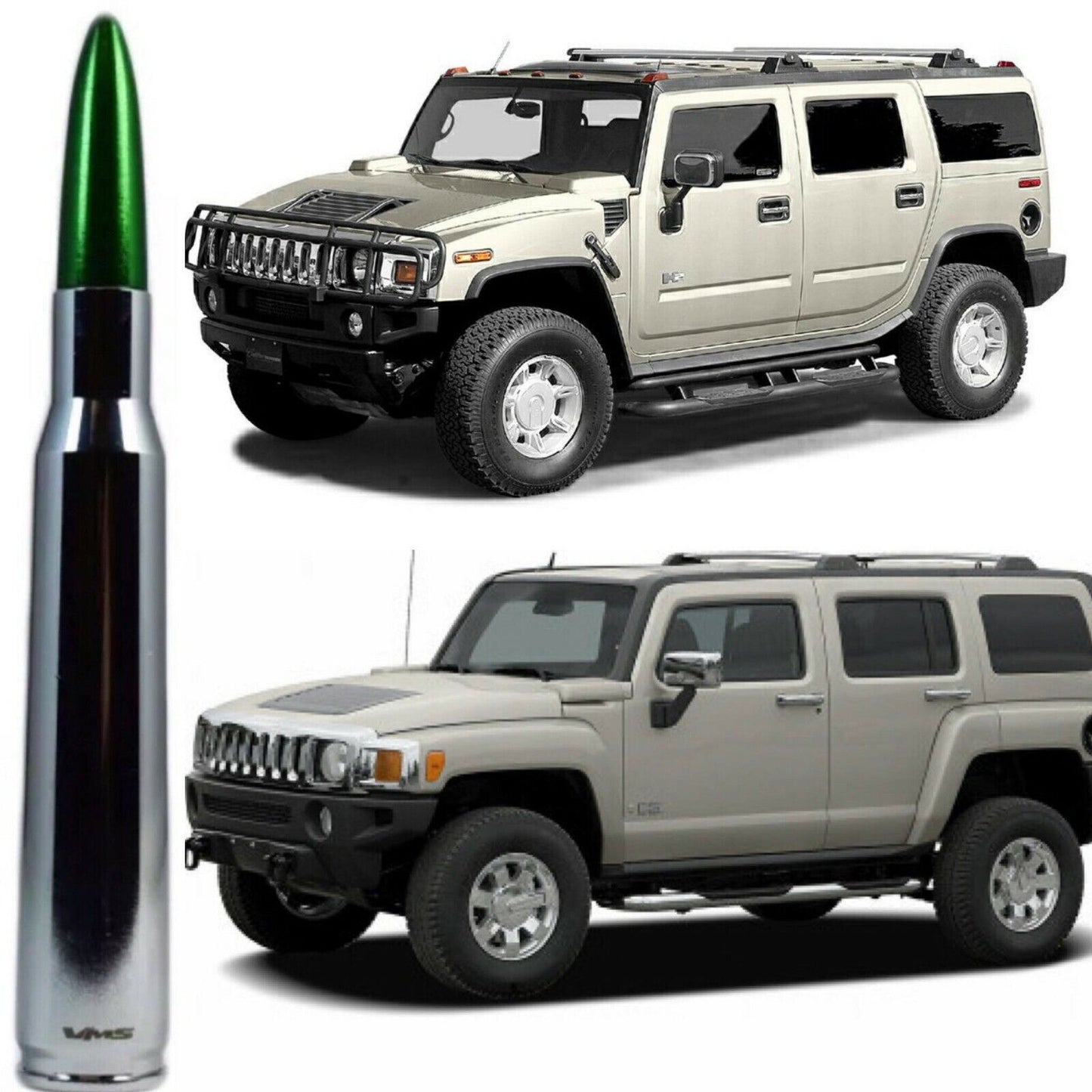 Chrome with Green Tip Bullet Antenna for Hummer H2 and H3 Billet Aluminum