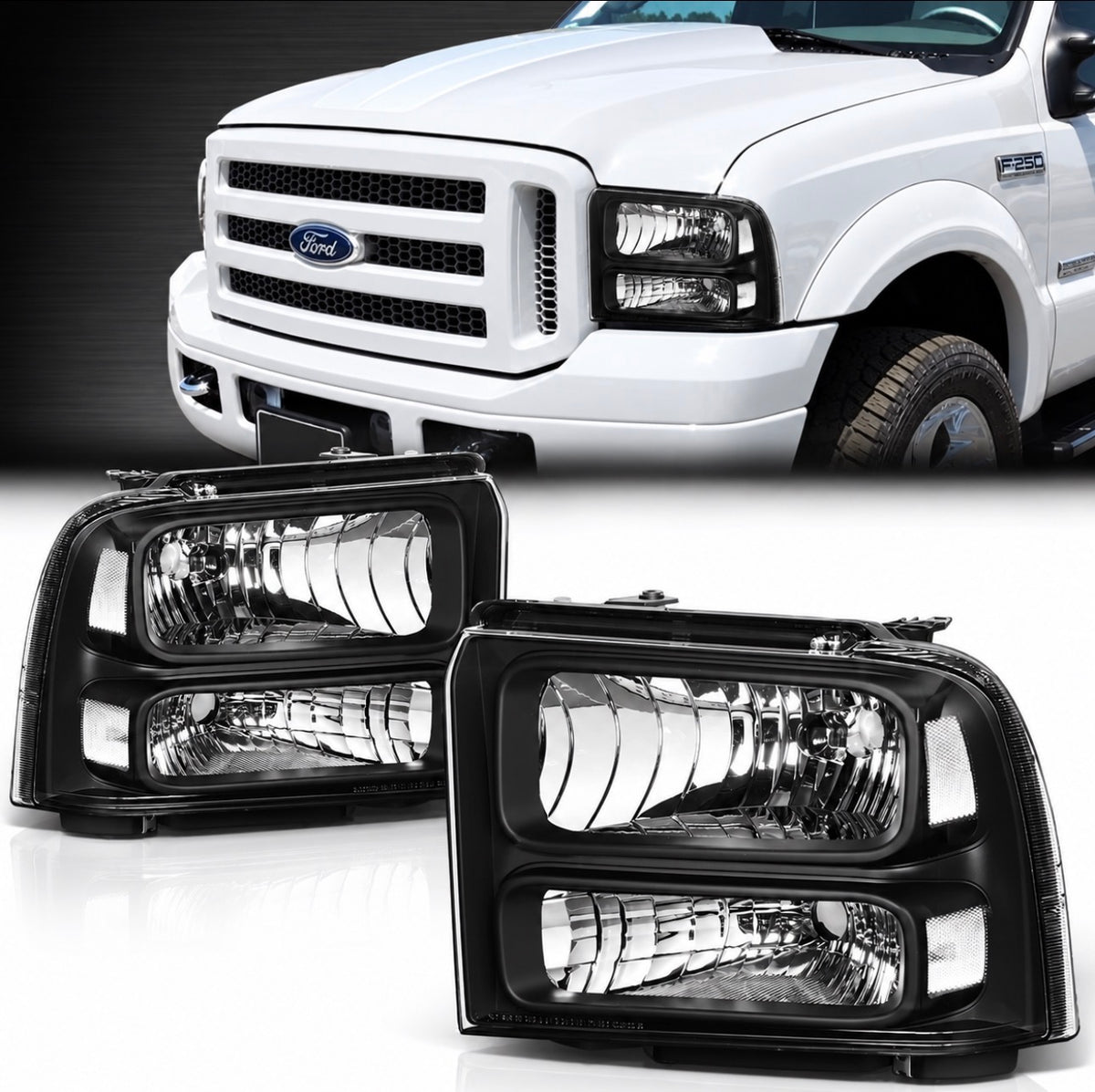 New Headlights For 2005 through 2007 Ford F250 F350 F450 F550 Super Duty Black Clear Corner Headlamps