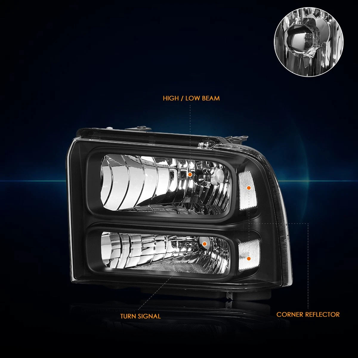 New Headlights For 2005 through 2007 Ford F250 F350 F450 F550 Super Duty Black Clear Corner Headlamps