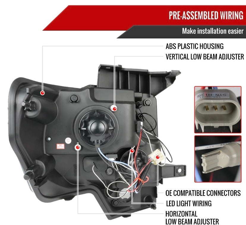 New Projector Halo LED Headlights for 2009 to 2014 Ford F150 fits models that come without Projector headlights from Factory ONLY!