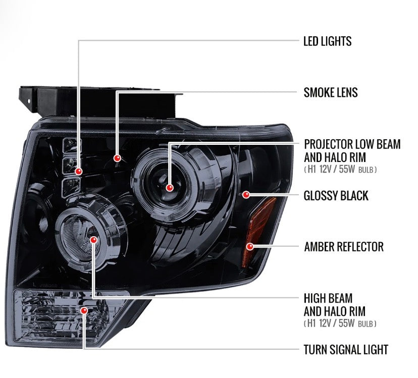 New Projector Halo LED Headlights for 2009 to 2014 Ford F150 fits models that come without Projector headlights from Factory ONLY!