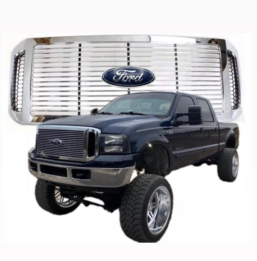 New All Chrome Grille for Ford F250 F350 Harley with Blue Emblem fits 2005, 2006 and 2007.