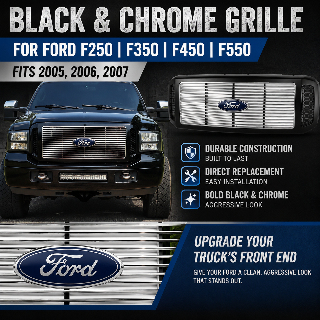 New Black and Chrome Grille with Blue and Chrome Emblem for Ford F250, F350, F450, F550. Fits 2005, 2006 and 2007 and Excursion 2005