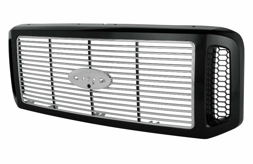 New Black and Chrome Grille with Blue and Chrome Emblem for Ford F250, F350, F450, F550. Fits 2005, 2006 and 2007 and Excursion 2005