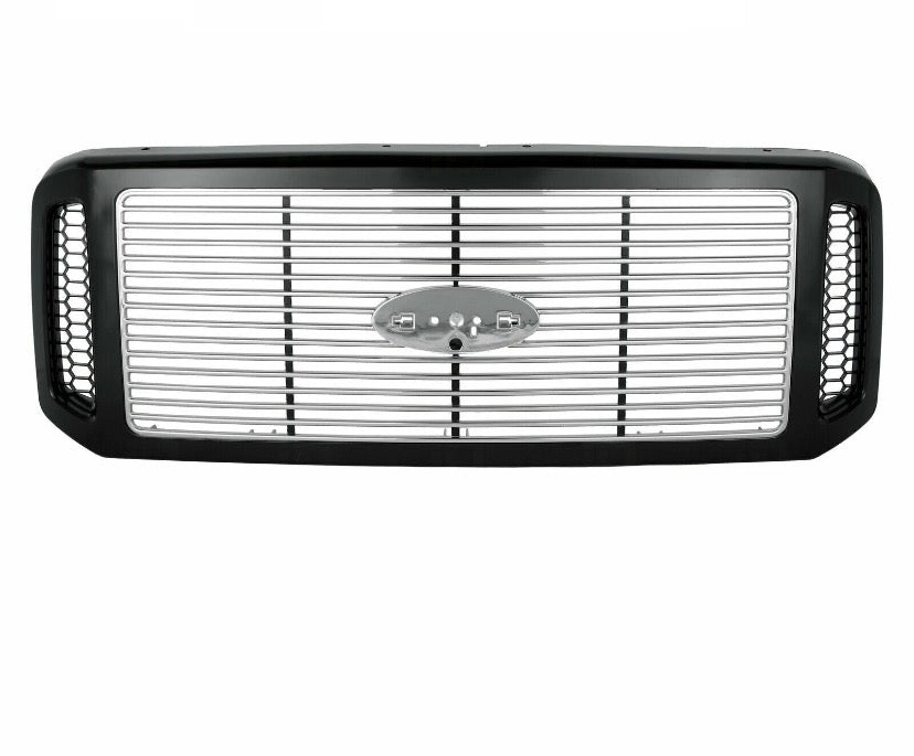New Black and Chrome Grille with Blue and Chrome Emblem for Ford F250, F350, F450, F550. Fits 2005, 2006 and 2007 and Excursion 2005