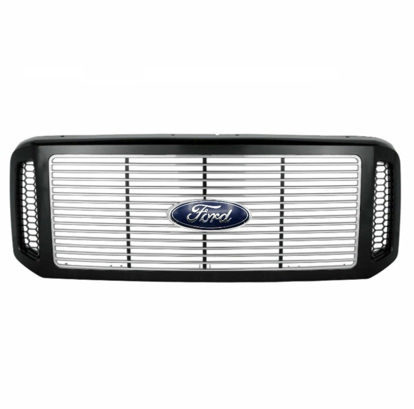 New Black and Chrome Grille with Blue and Chrome Emblem for Ford F250, F350, F450, F550. Fits 2005, 2006 and 2007 and Excursion 2005