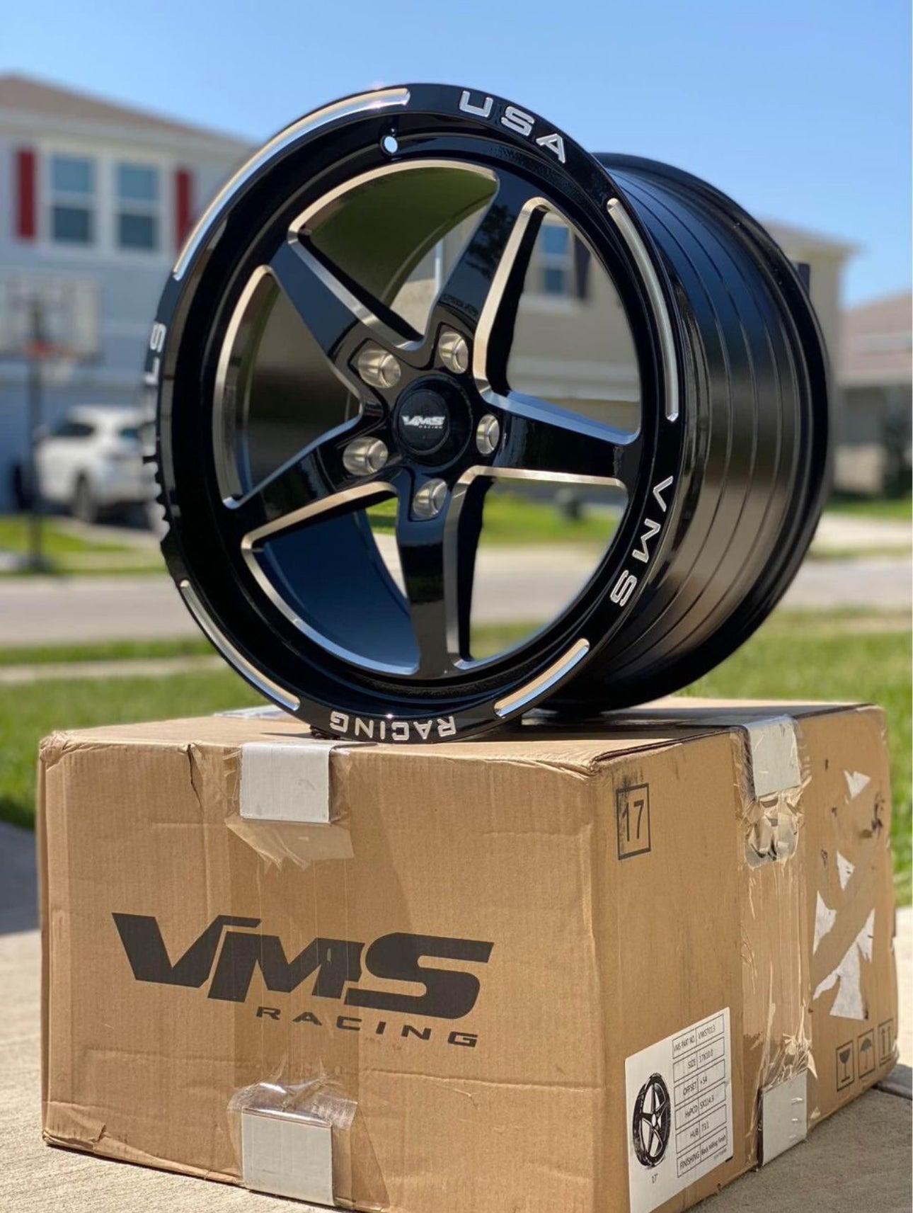 Set of TWO VMS Black Star 5 Spoke 17x10 (54ET) 5x114.3 Drag Racing Wheels For 05 20 Mustang