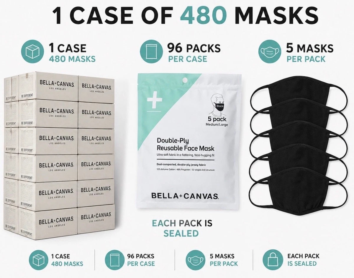 480 Reusable Masks Bella + Canvas 2-Ply Cloth Face Masks, M/L, 96 Packs Of 5 Bulk Buy