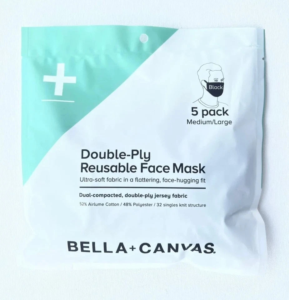 480 Reusable Masks Bella + Canvas 2-Ply Cloth Face Masks, M/L, 96 Packs Of 5 Bulk Buy
