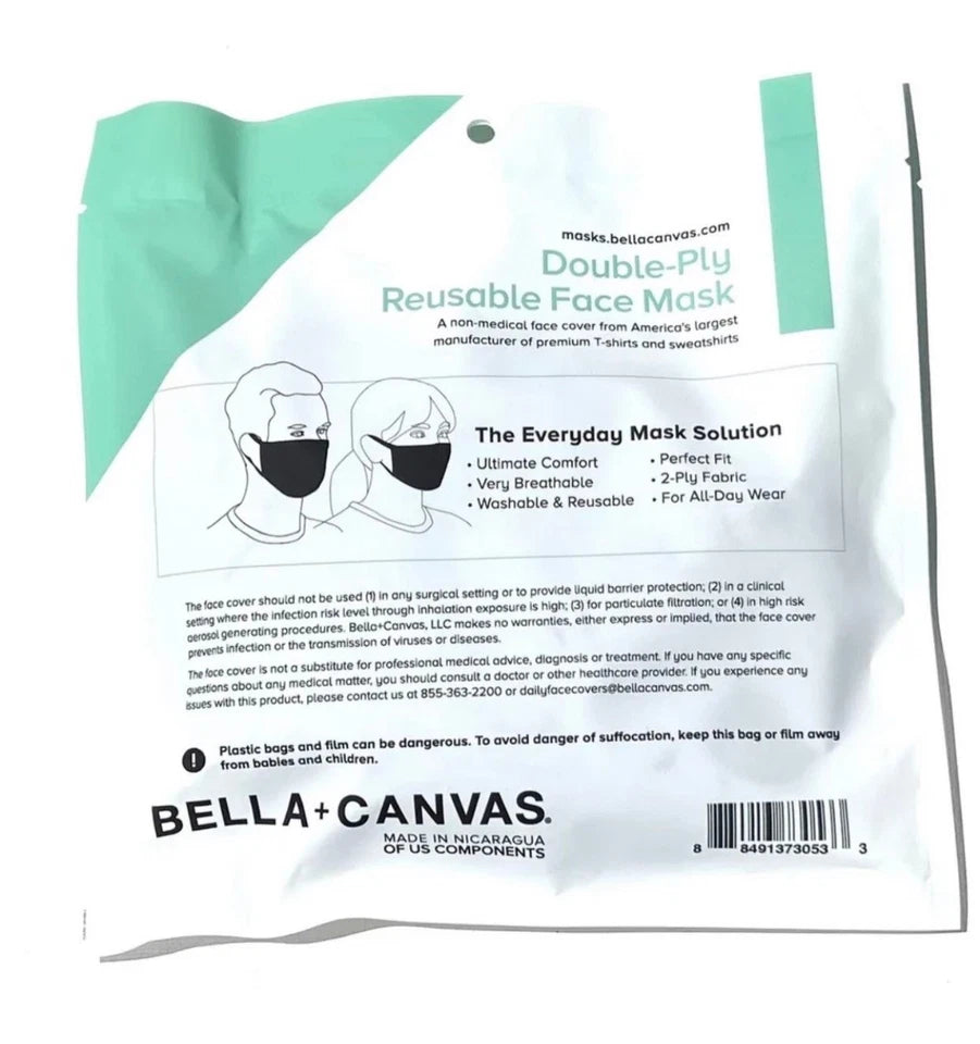 480 Reusable Masks Bella + Canvas 2-Ply Cloth Face Masks, M/L, 96 Packs Of 5 Bulk Buy