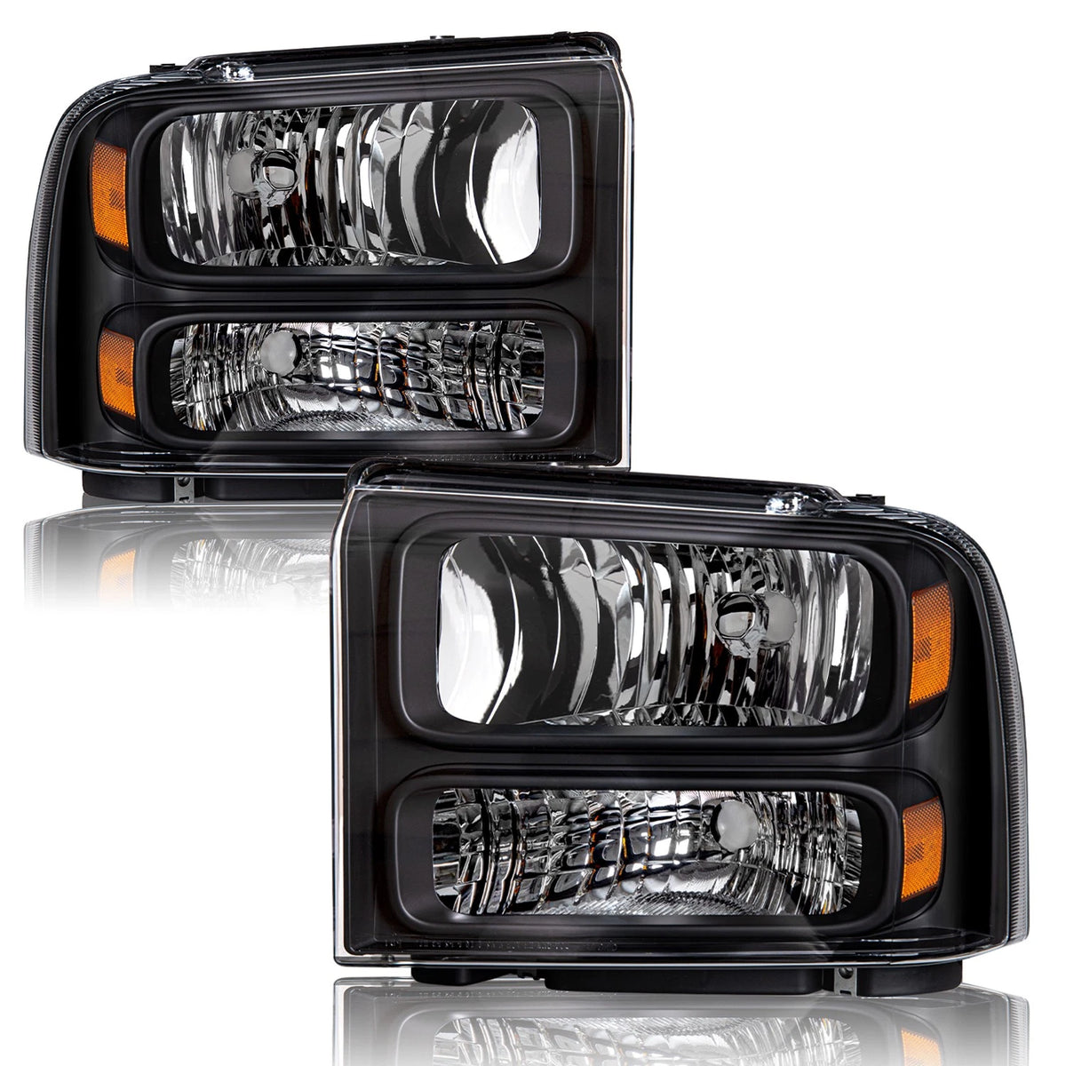 New Headlights For 2005 through 2007 Ford F250 F350 F450 F550 Super Duty Black Amber Headlamps