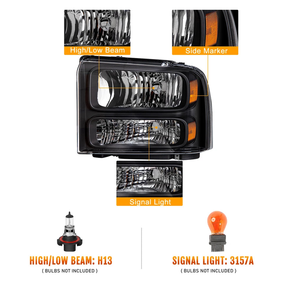 New Headlights For 2005 through 2007 Ford F250 F350 F450 F550 Super Duty Black Amber Headlamps