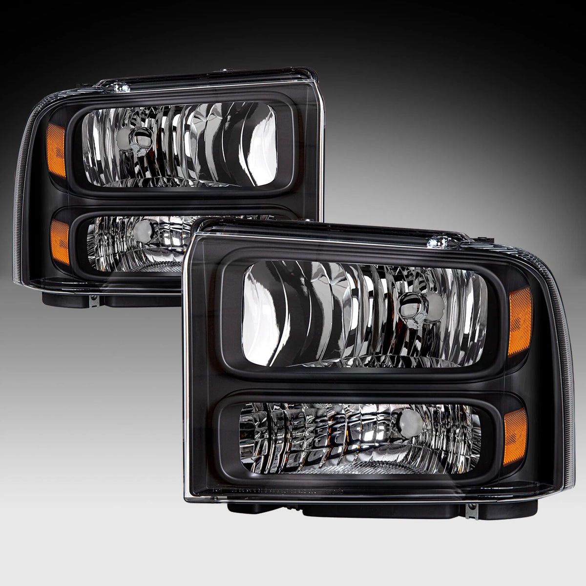 New Headlights For 2005 through 2007 Ford F250 F350 F450 F550 Super Duty Black Amber Headlamps