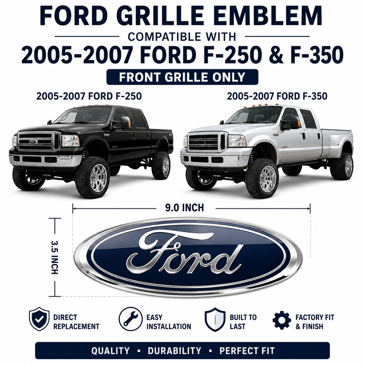 One 9" x 3.5" Blue Emblem for Ford F250 F350 Front Grille