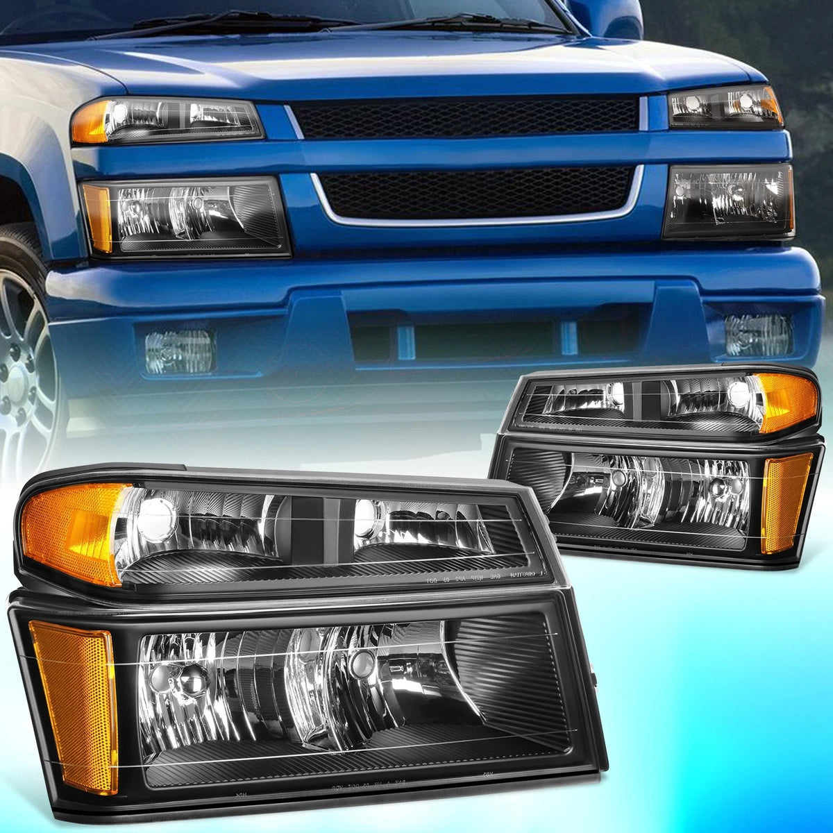 FOR 2004 to 2012 CHEVY COLORADO and GMC CANYON PAIR HEADLIGHTS + BUMPER LAMPS BLACK and AMBER