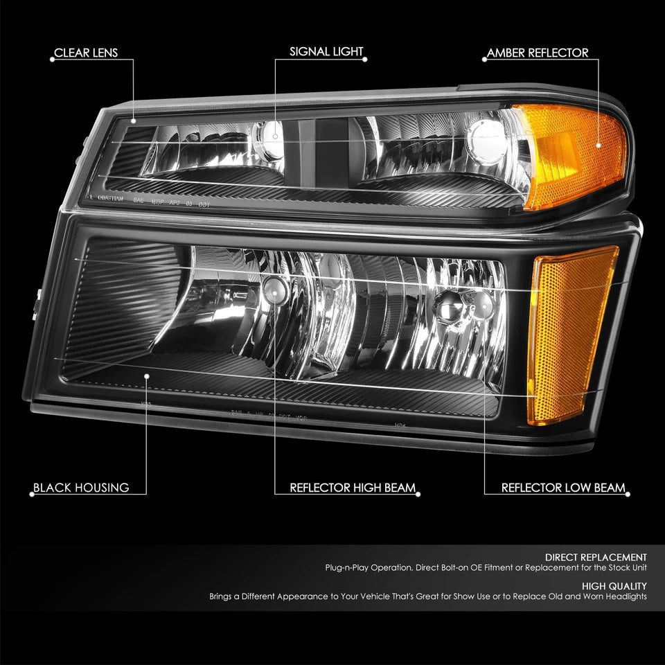 FOR 2004 to 2012 CHEVY COLORADO and GMC CANYON PAIR HEADLIGHTS + BUMPER LAMPS BLACK and AMBER