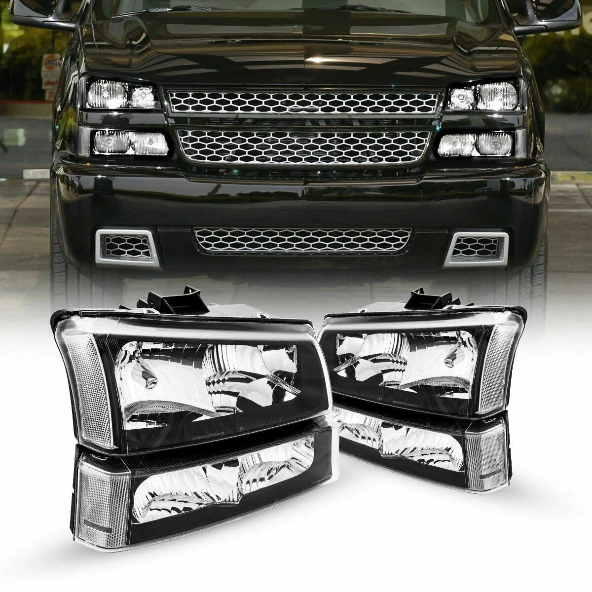 New Chevy Silverado Black Clear Headlights fits 2003 through 2006 4 Piece Set