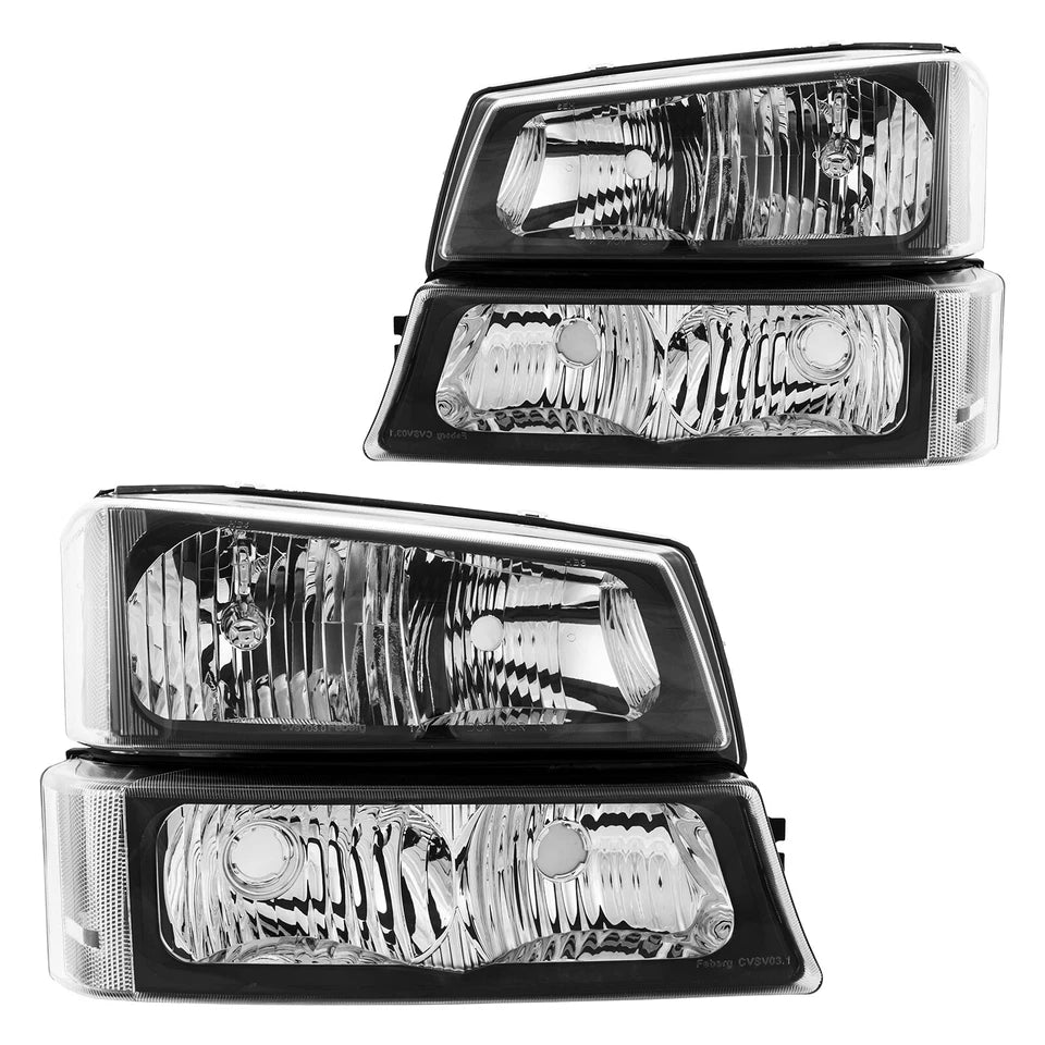 New Chevy Silverado Black Clear Headlights fits 2003 through 2006 4 Piece Set