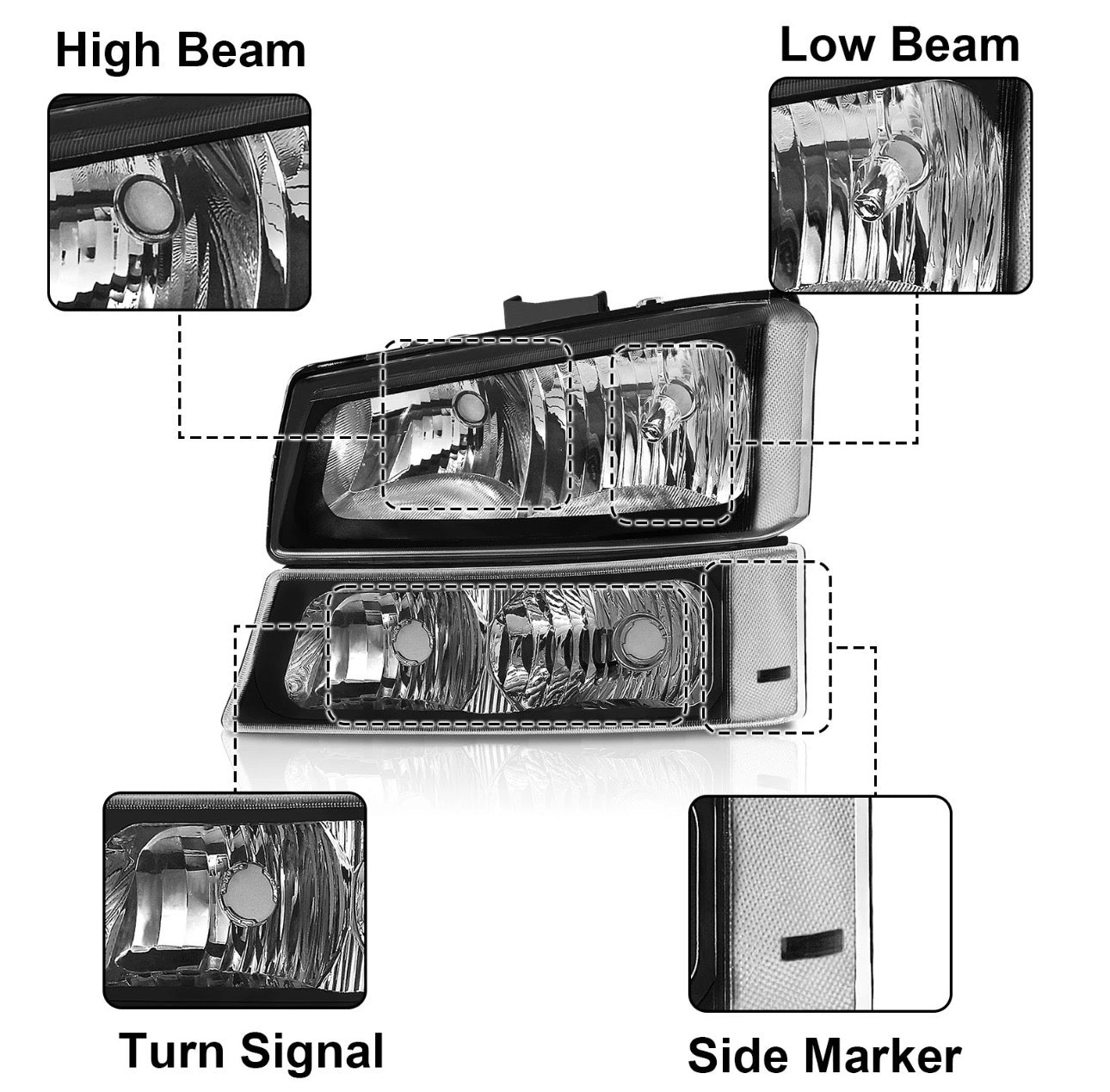 New 4 Piece Headlights for Chevy Silverado 2003, 2004, 2005 and 2006.